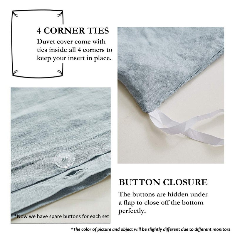 Simple&Opulence 100% French Flax Linen Duvet Cover Set with Embroidery Washed - 3 Pieces (1 Duvet Cover with 2 Pillow Shams) with Button Closure Soft Breathable Farmhouse - Dusty Blue, King Size - Image 4